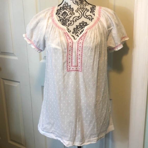Izod White Pink Boho Flowly Embroidery Cotton S - Picture 1 of 7